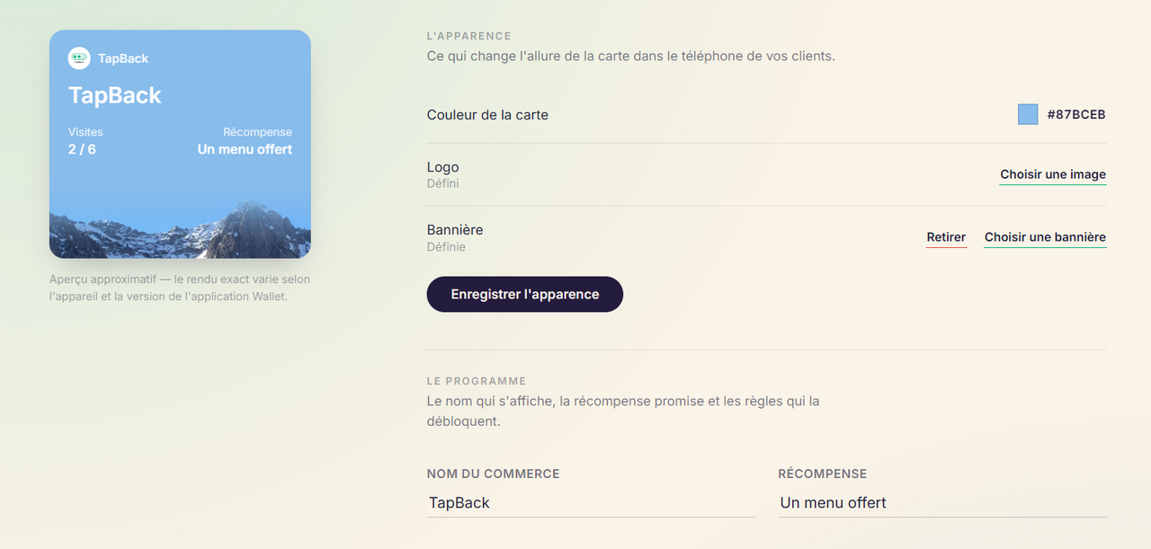 L'aperçu de la carte à gauche, les réglages d'apparence à droite